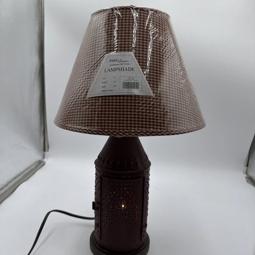 Vintage Primitive Punched Tin Willow Tree Table Lamp W/Homespun Check Shade